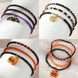 3pcs/set Beaded Strands Charm Bracelets Jewelry Alloy Enamel Pumpkin Bat Spider Web Gold Bracelet Bangeles For Women Halloween Party Gift