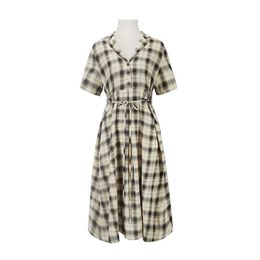 PERHAPS U Plaid Midi Dress Khaki Notch Collar Short Sleeve Button Summer D1116 210529