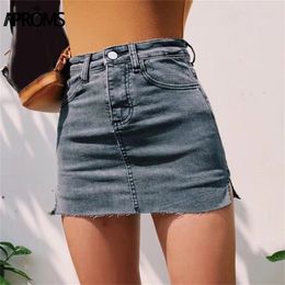 Aproms Black Blue Denim Shorts Skirts for Women Sexy High Waist Side Split Bodycon Streetwear Fashion Slim Bottoms 210714