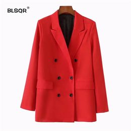 BLSQR Women Red Suit Blazer Spring Fashion Jacket Double Breasted Pocket Blazers Jackets Work Office Business 211006