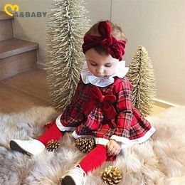 0-24M Christmas Baby Girl Rompers born Infant Red Xmas Costumes Plaid Ruffles Jumpsuit Long Sleeve Clothes Autumn Outfit 211101