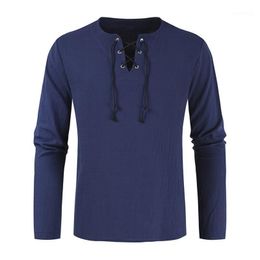 Men's T-Shirts Feitong 2021 Fashion Solid T-shirt Men Bandage Qutumn Winter Shirts Loose Stand-up Collar Tie Long Sleeved Tee