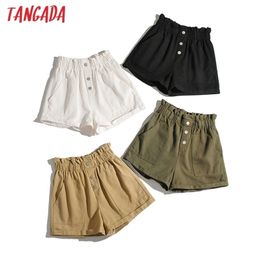Tangada Women Cotton Shorts High Waist Buttons Pockets Female Retro Basic Casual Pantalones 1M2 210724