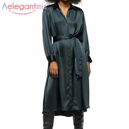Aelegantmis Sashes Green Shirt Dress Women Soft Comfort A-Line High Waist Slim Elegant Long Dresses Vintage Vestidos Femme 210607