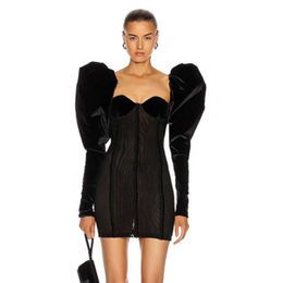 Women Sexy Designer Puff Long Sleeve Black Elegant Velvet Dress Celebrity Party Vestido 210527