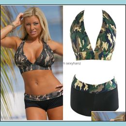 Womens Swimwear Clothing Apparel 10Pcs Sexy Women Two Piece With V Neck Halter Camouflage Push Up Bikini Set S M L Xl Qp0208 Drop Delivery 2