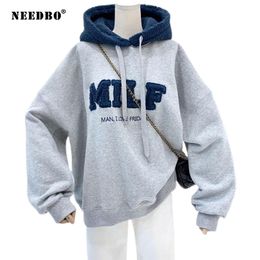 NEEDBO MILF Hoodie's Sweatshirts Letter Print Lamb Wool Pullovers Loose Korean Style Jacket Full Sleeve Casual Tops 210825