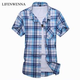 Plus Size M-7XL Summer Fashion Men's Shirt Slim Fit Men Short Sleeve Plaid s Mens Clothes Trend Casual Social 210721