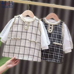 Humour Bear Baby Dress New Spring Autumn Mesh Long Sleeve Shirt +Sleeveless Plaid Princess Dress 2pcs Toddler Clothes G1129