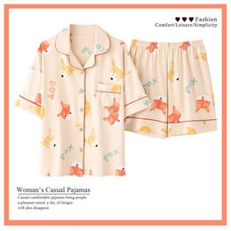 Japanese Pyjamas for Women Summer Cotton Pyjamas Cherry Print Kawaii Pijamas Plus Size Sleepwear Cute Two Piece Sets Home Wear 210901