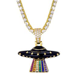 Pendant Necklaces Hip Hop Iced Out Micro Paved Colorful Cubic Zirconia Alien UFO Necklace For Men Rapper Jewelry With Tennis Chain