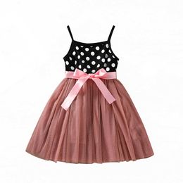 FOCUSNORM 1-6Y Summer Kids Girl Dress Off Shoulder Polka Dot Printed Lace Patchwork Tutu Sundress Q0716