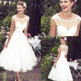 Vintage Lace Short A Line O Neck Sheer Tulle Applique Tea Length Wedding Dresses Bridal Gowns Robe De Mariee BC