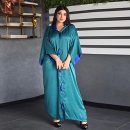 Ethnic Clothing Ramadan Muslim Satin Hooded Party Maxi Dress Ladies Tassel Decorated Loose Robe Abaya Fashion Dubai Women Kaftan Gown Djella