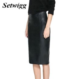 SETWIGG Womens Winter Faux Leather Midi Pencil Skirts High Waist Zipper Back Split PU Leather Bodycon Below Knee Office Skirt 210310