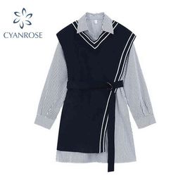 Women's Two Piece Outfits Korean Streetwear Style Striped Shirt Dress And Knitted Vest Belt Female 2021 Autumn Casual Clothing G1214