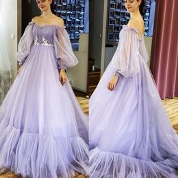 boat neck dresses long sleeves Canada - Elegant Long Sleeve Purple A-Line Evening Dress Tulle Appliques Boat Neck Formal Prom Gown Backless Lace Up Robes De Soirée