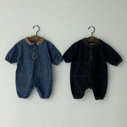 Autumn Winter Toddler Kids Baby Girl Boy Denim Romper Long Sleeve Jumpsuit Playsuit Outfit Clothes Set 210309