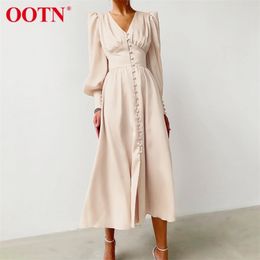 OOTN Beige Single Breasted Sexy Dress Party Clud High Waist Satin Long Dress Elegant V Neck Women Midi Dresses Lantern Sleeve 210316