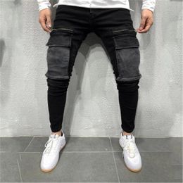 Mens Zipper Skinny Jeans Fashion Trend Big Pocket Zipper High Street Denim Pencil Pants Designer Spring Male Skateboard Casual Slim Trousers