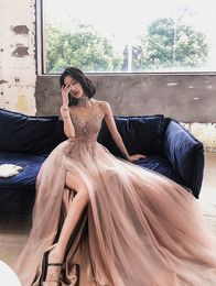 Sexy Blush Embroidery Beaded Long Evening Dress Party Spaghetti Straps Runway Fashion Red Carpet Backless High Slit Tulle Prom Gowns