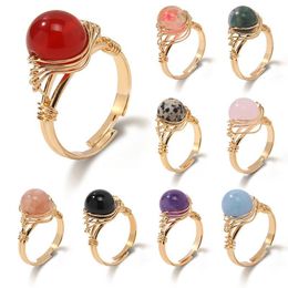 Wire Wrap 10mm Beads Healing Natural Stone Crystal Rings Gold Adjustable Amethyst Lapis Pink Quartz Women Ring Party Wedding Jewelry