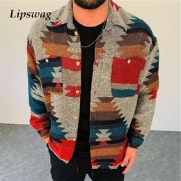 Harajuku Pattern Printed Coats Winter Mens Fashion Turn-down Collar Buttoned Jackets For Men Casual Autumn Long Sleeve Outerwear 220301