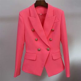 HIGH STREET est Classic Designer Blazer Women's Metal Lion Button Double Breasted Jacket Fluorescent Orange Pink 211122