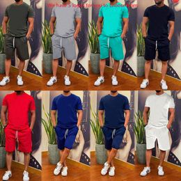 Men Solid Letter Printing Tracksuits Fashion Trend Short Sleeve Round Neck Tops Drawstring Shorts Suits Designer Male Brand Two Piece Sets