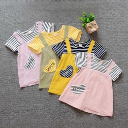 2021 New Born Baby Girls Summer Short Sleeved Dress Striped Fake Two Pieces Cotton Clothes Floral Baby Outfits Casual Dress Q0716