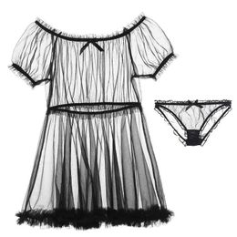 Tulle Temptation Sexy Lingerie Princess Dress Sleepwear Word Shoulder Mesh Tutu Night Nightgowns Women 210924