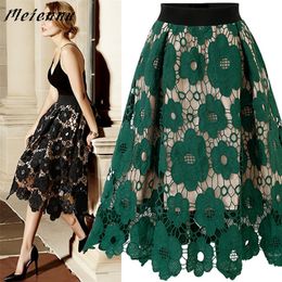 Faldas Mujer Moda Women Elegant Fashion Flower Embroidery Hollow Out Lace Skirts Womens Casual Sexy Skirt Party Black Skirt 210310