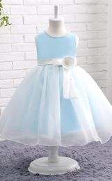 Lovely Shor Mini Sky Blue Kids Girls Formal Dress Flower Girl Dress for Wedding Partywith Handmade Flowers