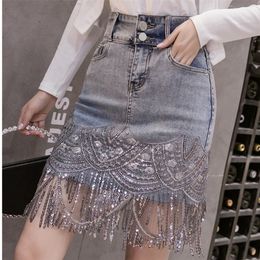 Pantalones Cortos Mujer Summer Streetwear Shorts Women Hand-Studded Diamond Tassels Chain Light Blue Denim Shorts 210310