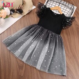 LZH Summer Printed Star Gradient Mesh Dress 2021 Elegant Baby Girls Princess Dress Splicing Clothing For Kids Children Dresses Q0716