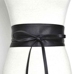 Women Bow Tie Belt New Winter Pu Belts for Women Black Wide Waitband Female Dress Fashion 2021 Designer G220301