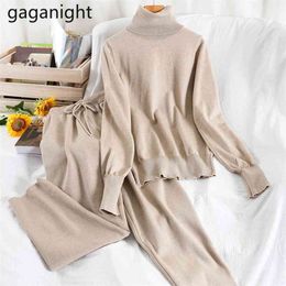 Autumn Winter Women's Tracksuit Solid Colour Turtleneck Sweater Elastic Ankle Length Pants Suits Knitted Two Piece Set 210601