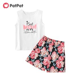 Arrival Summer Kids Girl Letter Print Vest and Floral Allover Shorts Set 210528