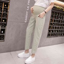 3120 9/10 Length Summer Thin Linen Maternity Pants Elastic Waist Belly Clothes for Pregnant Women Pregnancy Short Trousers 210721