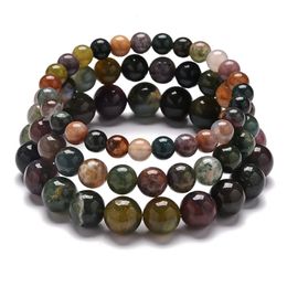 6/8/10mm Round Ball Beaded Bracelets Stretch Rainbow Stone Natural India Agates Moss Quartz Stone Wristband Bracelets Women Male