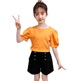Teen Girls Clothing Tshirt + Short Costume For Solid Colour Girl Set Casual Style Tracksuits Children 210527