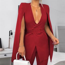 Women Blazer V Neck Cloak Sleeves Office Ladies Notched With Waist Belt Elegant Classy Summer Korean Work Fashion Clothes 211122
