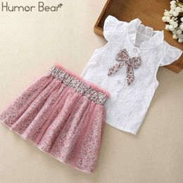 Humour Bear Baby Girl Clothes Hot Summer New Kids Bay Clothes Toddler Chiffon Bowknot T-Shirt+Pants Girls' Clothing Sets 3-7Y X0902