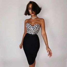 Beaded Bandage Women 2 Piece Set Top & High Waist Pencil Skirt Club Evening Party Vestidos 210527