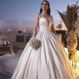 Saudi Arabic Wedding Dresses Lace Sequined Satin Bridal Gowns Sheer Long Sleeves Luxury Muslim vestido de novia