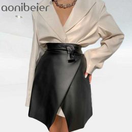Sexy Women's PU Split Patchwork High Waist Belt Faux Leather Fashion Skirt Year Spring Streetwear Ladies Bottom 210604