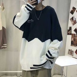 Men Crew Neck Sweaters Oversized Sweater Patchwork Pattern Korean Fashion Streetwear Autumn Winter Clothes For Men Loose Fit Y0907