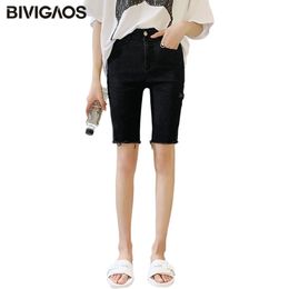 BIVIGAOS Women Summer Black Stretch Jeans Casual Biker Slim Thin Skinny Ripped Knee Short Hole Denim Shorts