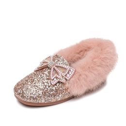 Girls Party Shoes Glitter With Bow-knot Princess Sweet Kids Leather Shoes For Wedding Warm Cotton Winter Children's Loafers Flat 210308