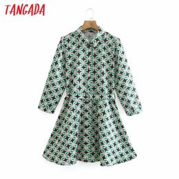 Tangada Fashion Women Flowers Print Shirt Dress Long Sleeve Office Ladies Mini Dress with Slash XN318 210609